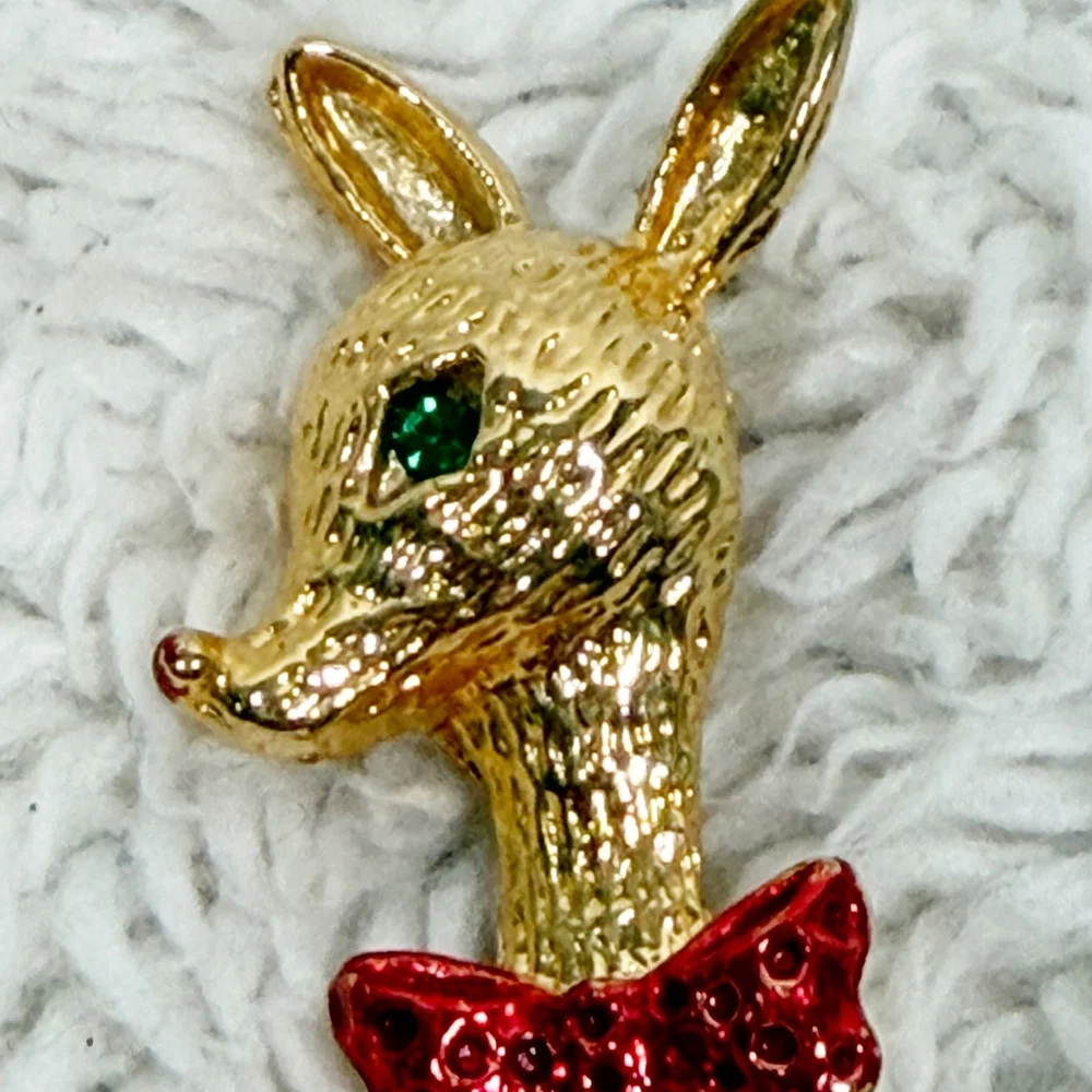 Vintage AAI Rudolph Reindeer Christmas Brooch Pin Gold Tone Red Bow Tie 1.5